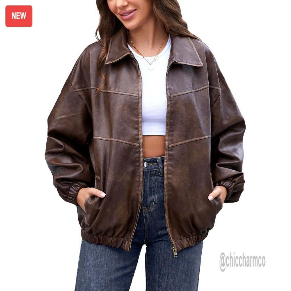 Oversized Faux Leather Jacket Vintage Y2K Motorcycle Coat Distressed